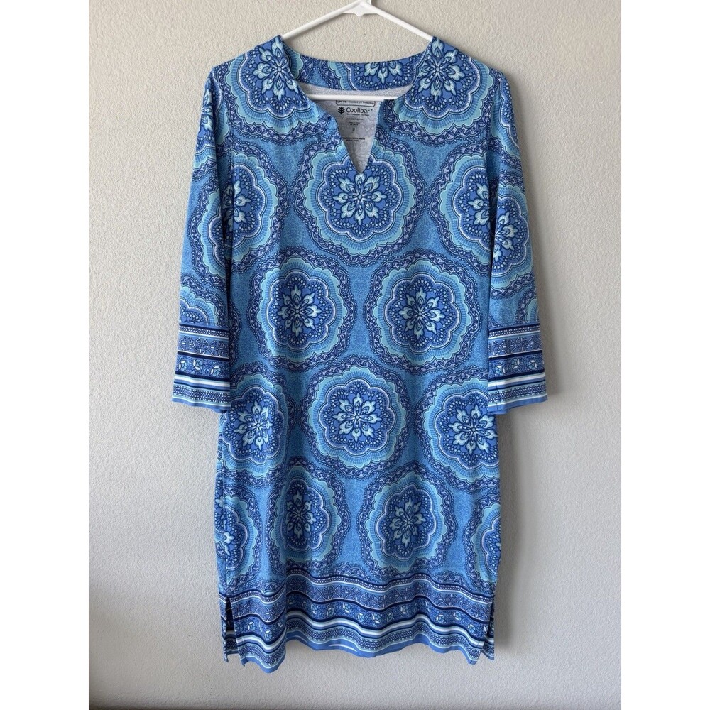 Coolibar Oceanside Tunic Beach Dress UPF 50+ Blue Medallion Cover Up Sz S